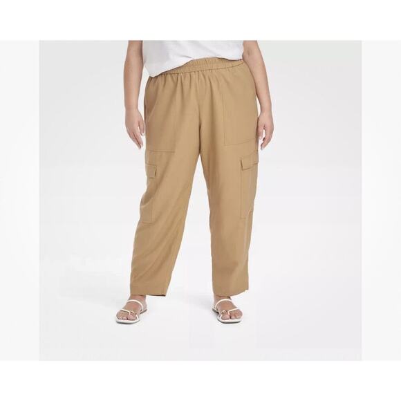 A New Day Women's Size XXL High-Rise Ankle Cargo Pants Elastic Waist Pockets Tan - Picture 1 of 10